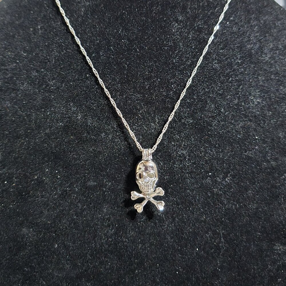 Silver Toned Skull & Crossbones Necklace With Pearl Cage Pendant Shiny & Sparkly